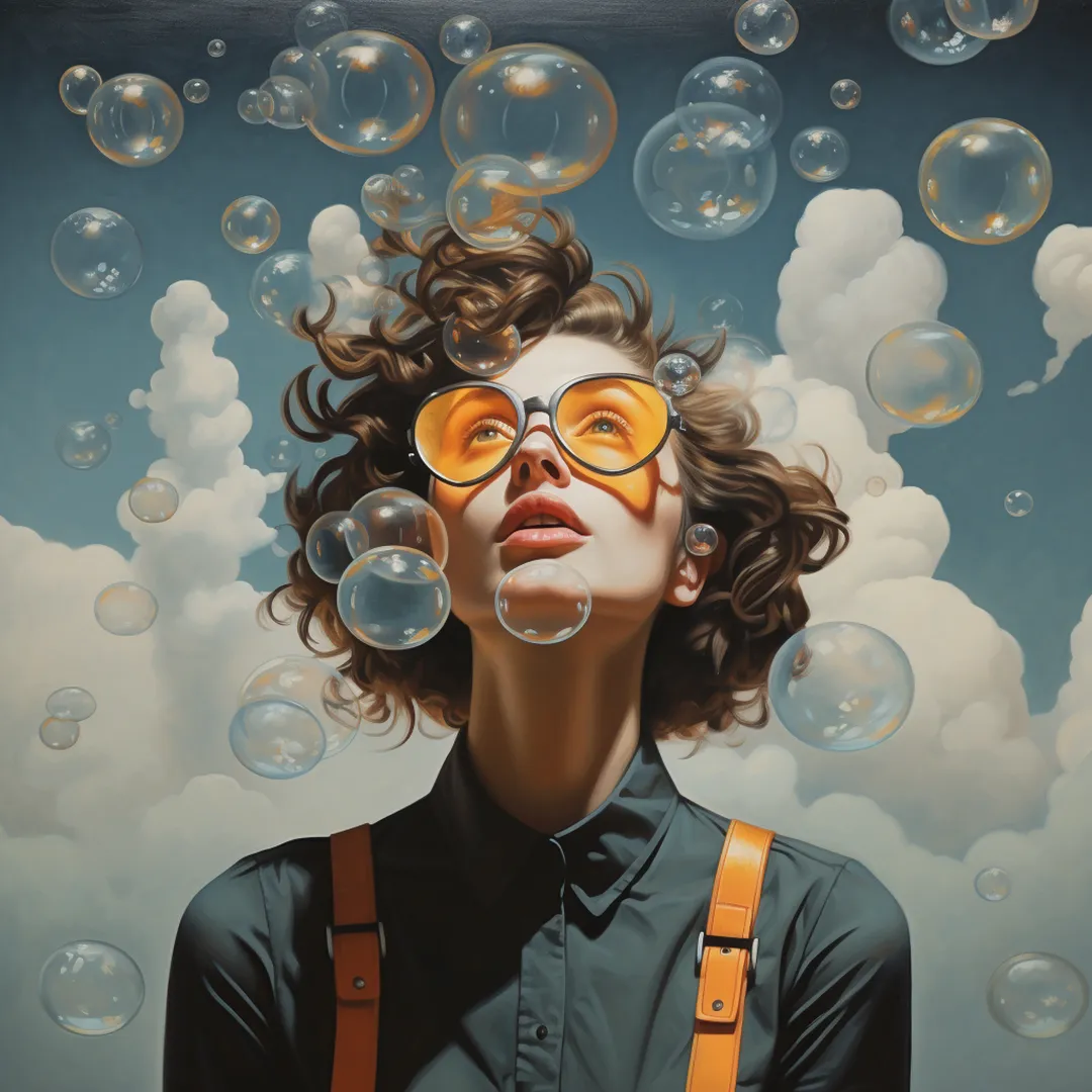 A young person day dreaming with bubbles and clouds